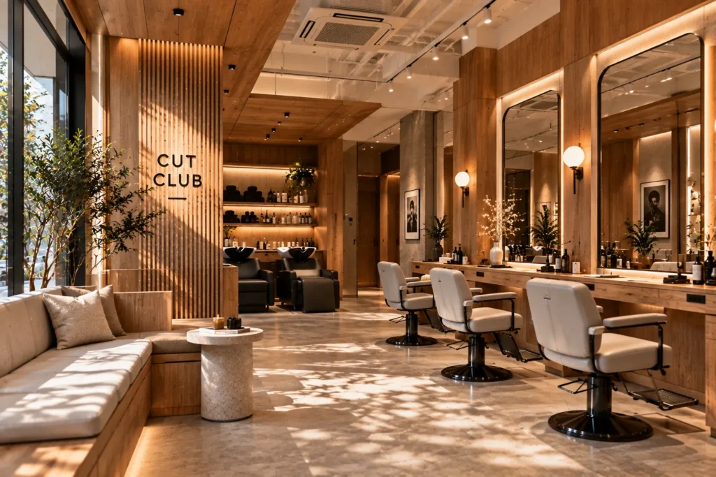 10 ไอเดีย ออกแบบร้านตัดผมชาย ให้เท่ มีสไตล์ และใช้งานได้จริง 4 ใช้ไม้เพิ่มความอบอุ่นให้ร้าน