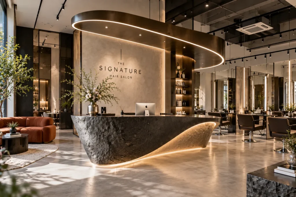 10 ไอเดียออกแบบร้านเสริมสวย ให้สวย น่าเข้า และดึงดูดลูกค้า 6 ออกแบบเคาน์เตอร์ให้เป็นจุดเด่น